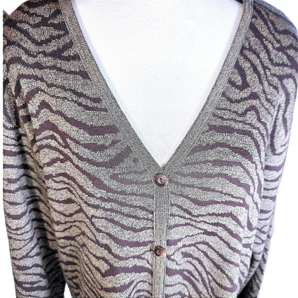 Vtg Karen Lessly Zebra Cardigan XL Gray Black Made in USA Animal Print 90s Y2K